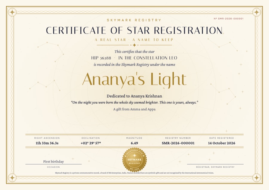 A sample Skymark certificate: the star name Ananya's Light, its catalogue number and constellation, a dedication and message, its position in the sky, and the gold Skymark seal