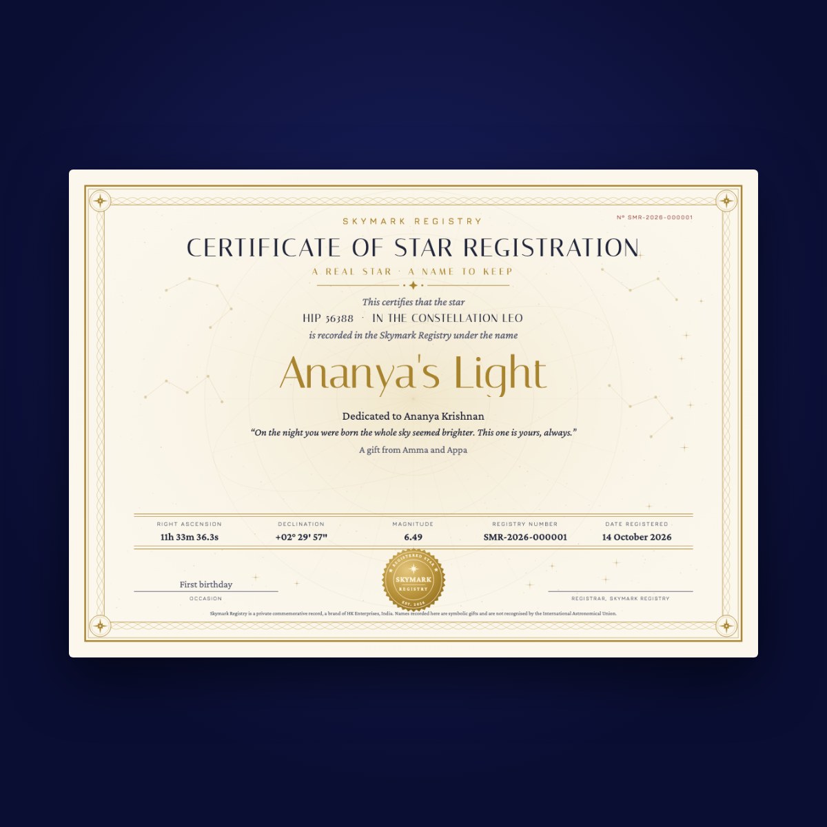 A sample digital star certificate for the star Ananya's Light