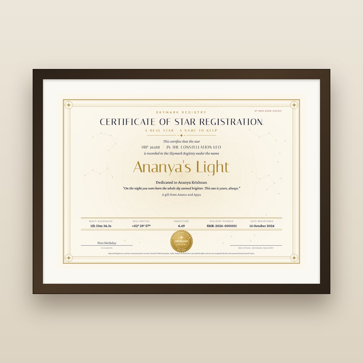A sample framed star certificate for the star Ananya's Light