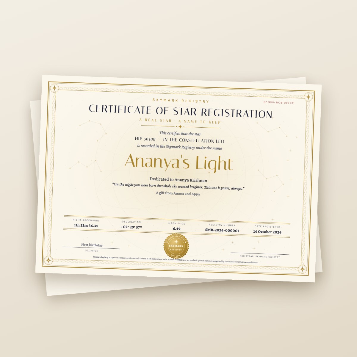 A sample printed star certificate for the star Ananya's Light